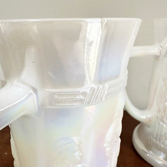Federal Milk Glass Beer Steins Iridescent Tavern Scene Mugs Set of 2 USA - Picture 4 of 9